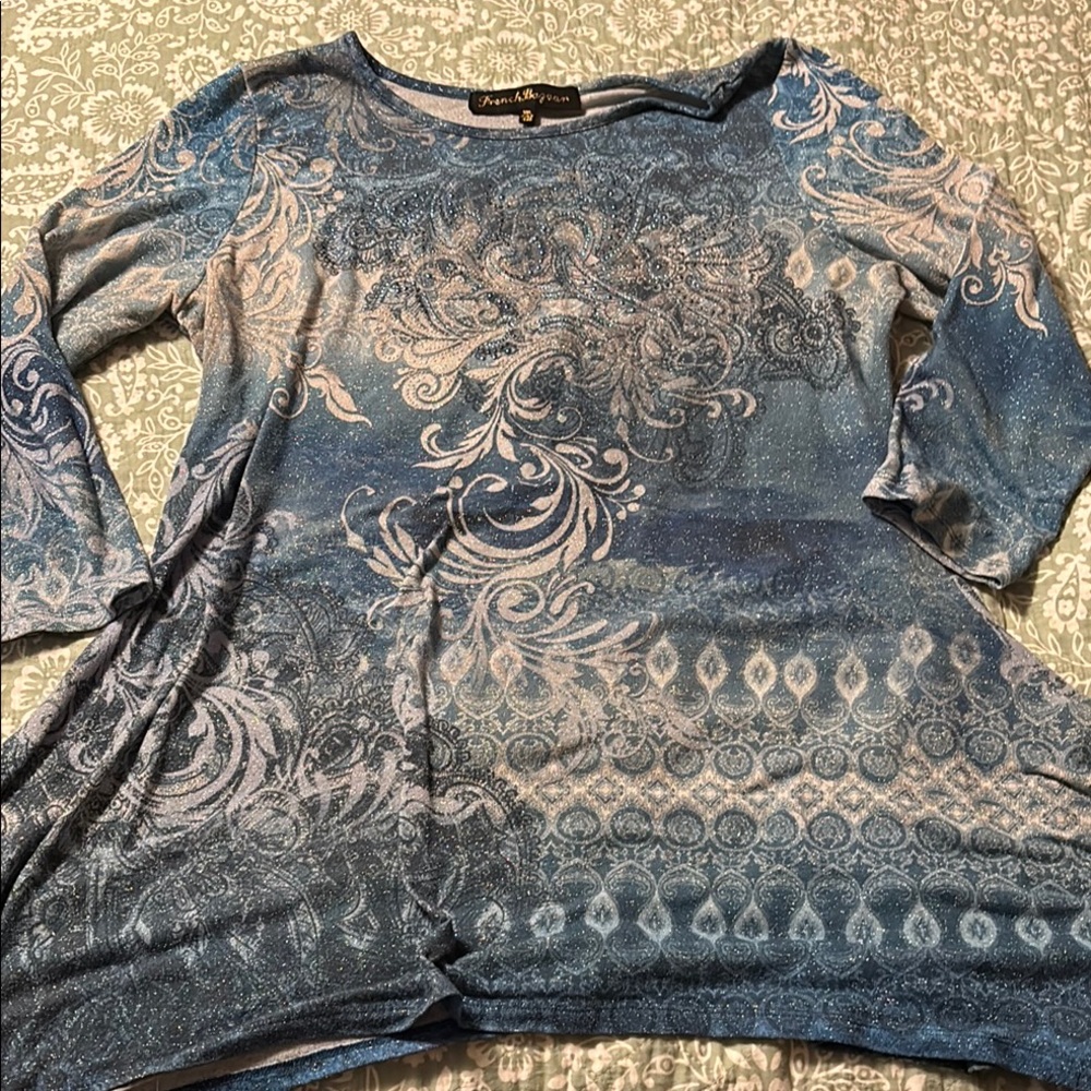French Bazaar Blue & Silver 3/4 Sleeve Tunic Size XXL